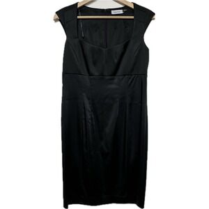 Calvin Klein Size 10 Cocktail Black Satin Sheath Dress Cap Sleeve Back Zip women